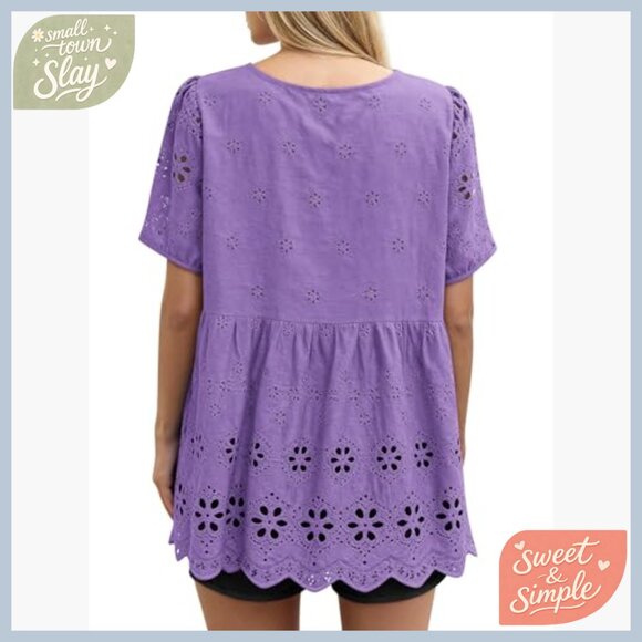 Loose Fit Babydoll Top Embroidered Eyelet Summer Blouse Short Sleeve - Picture 4 of 5